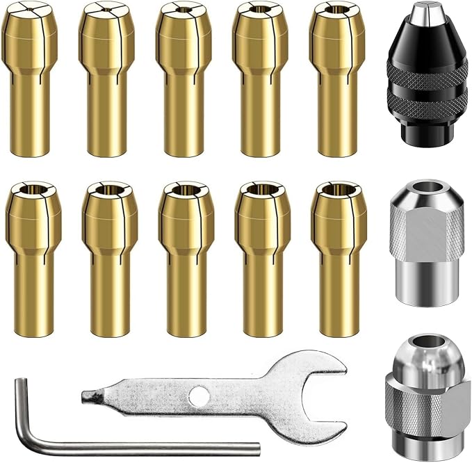 Drill Chuck Collet Set for Dremel Accessories Chuck Collet Kit（1/32" - 1/8" ）Replacement Drill Bits, with Quick Change Adapter and Rotary Drill Nut Tool (Yellow,)