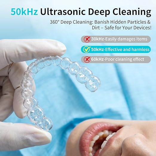 Ultrasonic Retainer Cleaner Machine, 50kHz Dental Cleaning Pod with 4 LED for Night Guards, Braces, Aligners, Toothbrushes, Mouth Guards, Jewelry, 340ml Rechargeable Ultrasonic Denture Cleaner
