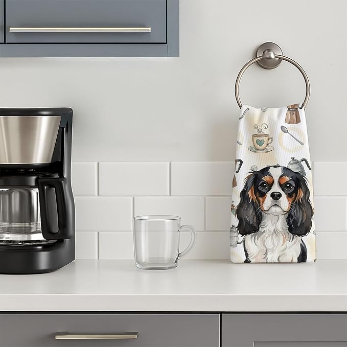 Caroline's Treasures Tricolor Cavalier Spaniel Coffee Bar Kitchen Towel Velour Plush Front and Cotton Loop Back Machine Washable