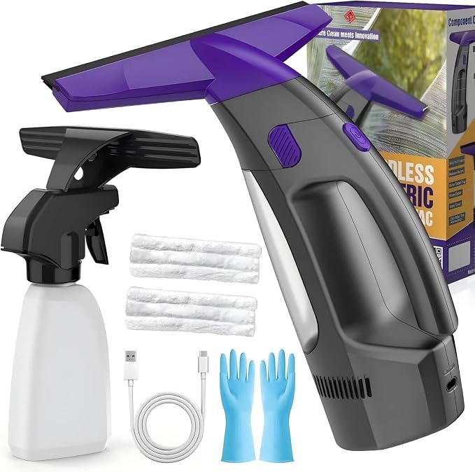 Window Vacuum Squeegee Cordless, 2000Pa Electric Window Cleaner Tool with Power Blade, Handheld Window Cleaning Kit for Streak-Free Glass, Shower Doors, Mirrors, Tiles, Car Windows