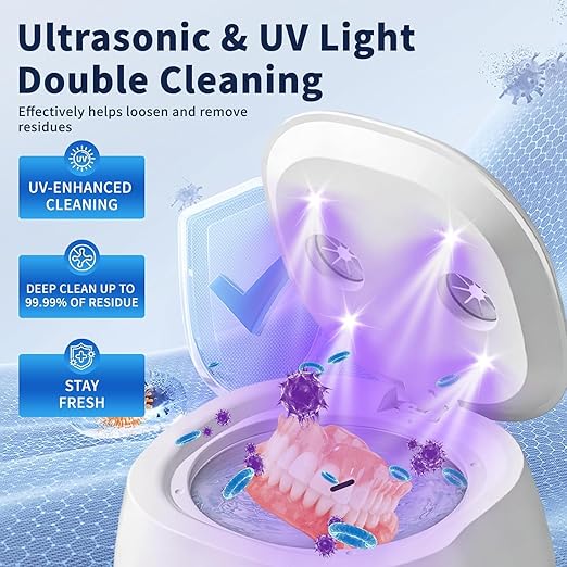 Ultrasonic Retainer Cleaner Machine, Dental Cleaning Pod for Dentures, Aligners, Night Guards, Braces, Toothbrush Heads & Jewelry, 45kHz Retainer Cleaner with 3 Modes & Digital Timer