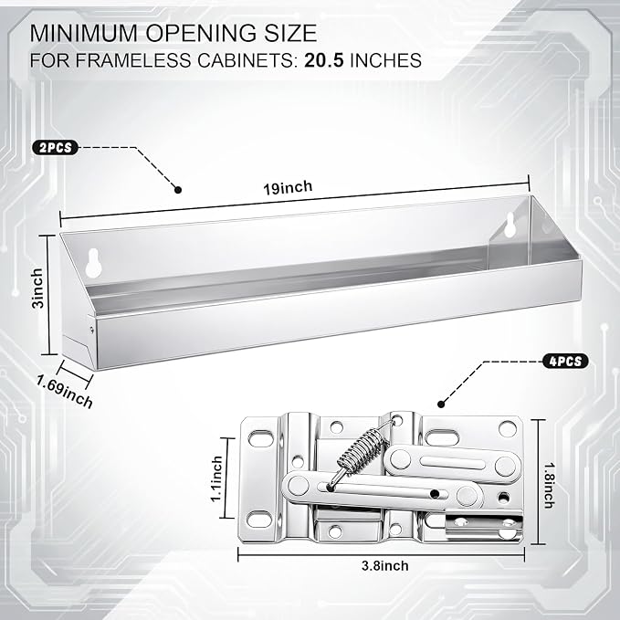 2 Set 19 Inch Metal Sink Drawer Tip Out Tray Kit Include Tip-Out Sink Trays and Hinges Large Pull Out Storage Organizer for Kitchen Bathroom Base Cabinets(Silver)