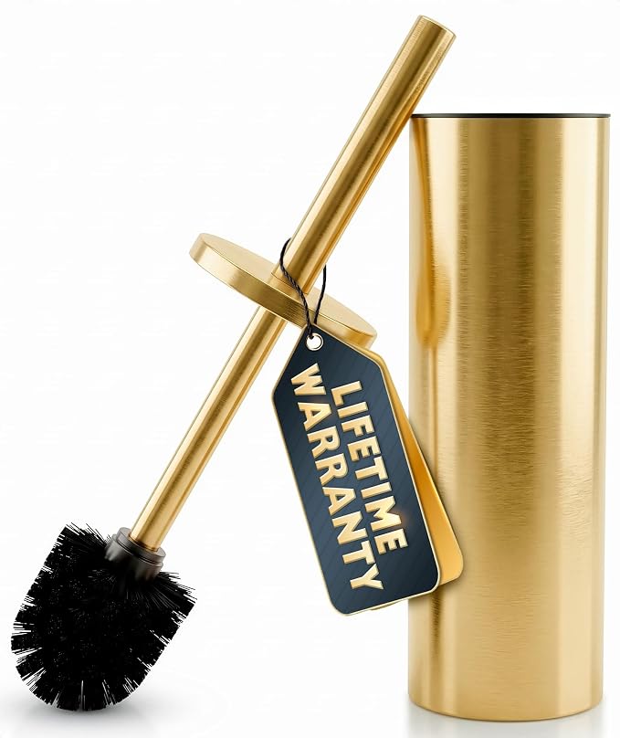 Gold Toilet Brush and Holder Set - Brushed Stainless Steel Gold Toilet Bowl Brush and Holder with Replaceable Head, Removable Inner Bowl, and Splash Protection - Dense Bristles for Thorough Cleaning