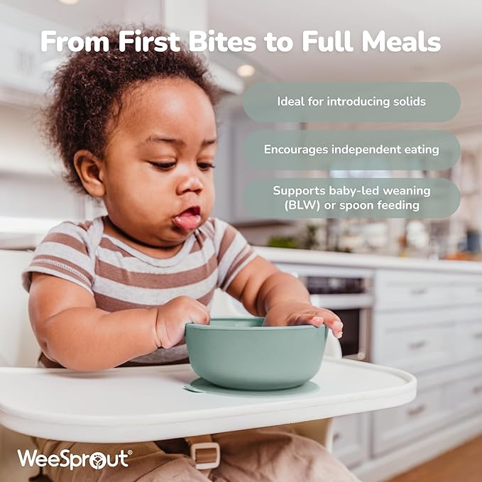 WeeSprout First Feeding Set - Silicone Baby Training Cup 2 Oz, Suction Bowl 10 Oz with Lid & 2 Baby Led Weaning Spoons - For Children 4+ Months - Non-Slip Grip - Dishwasher & Microwave Safe