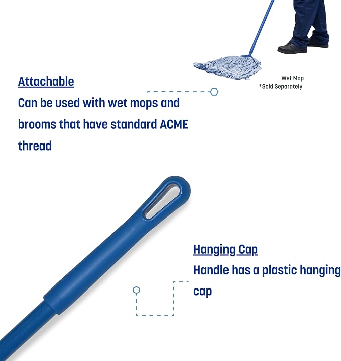 SPARTA 48" Fiberglass Replacement Handle with 3/4" Acme Thread Tip, Polyester Veil Reinforced, Hanging Cap, Commercial Cleaning, Blue