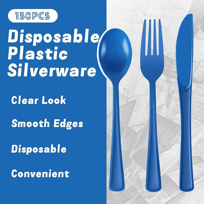 Plastic Silverware 150 PCS Disposable Silverware Heavy Duty Utensil Sets 50 Of Each Forks Knives & Spoons Disposable Cutlery Set For Easter,Birthday,Baby Shower,Garden Party,Wedding(150,Blue)