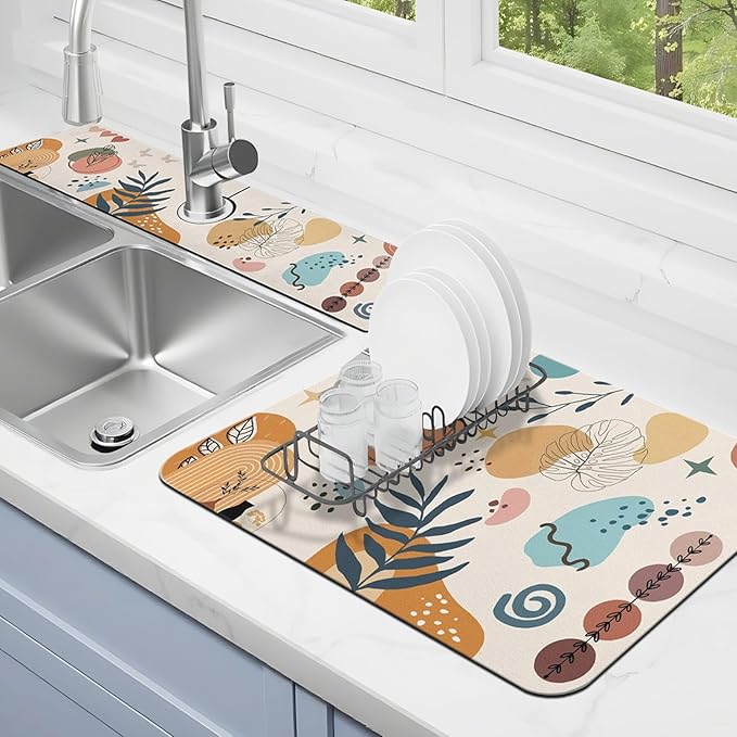 Dish Drying Mat for Kitchen Counter Matt, 2PCS 23"x15" Dish Drainer Mat & 24"x5.5" Sink Splash Guard, Super Absorbent Non-slip Rubber Backed