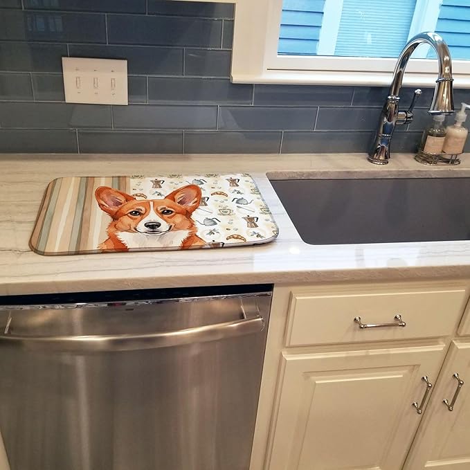 Caroline's Treasures Red Cardigan Welsh Corgi Coffee Bar Dish Drying Mat Absorbent Dish Drying Mat Pad for Kitchen Counter Dish Drainer Mat for Countertop, 14 x 21", Multicolor