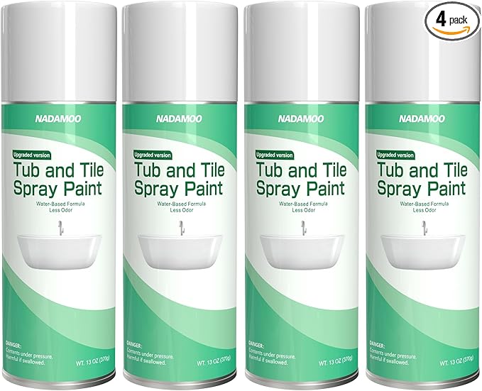 NADAMOO Water-Based Tub and Tile Spray Paint, Less Irritating Odor Aerosol Refinishing Paint for Bathroom Porcelain Bathtub Sink, 4 Cans, Semi-Gloss White