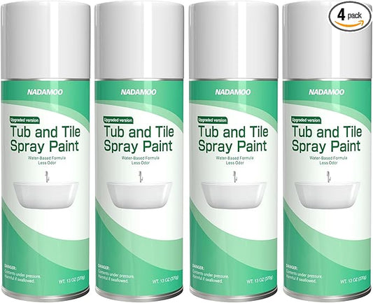 NADAMOO Water-Based Tub and Tile Spray Paint, Less Irritating Odor Aerosol Refinishing Paint for Bathroom Porcelain Bathtub Sink, 4 Cans, Semi-Gloss White