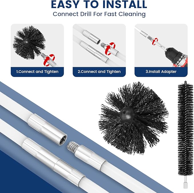 HOKLNUSE Dryer Vent Cleaner Kit Ducts Cleaning Kit for Dryer Air Duct HVAC Vent Fireplace Chimney Pellet Stove Gutter Downspout Dryer Vent Lint Removers with 1.5" 4" 6" Brush Heads (25 Feet)
