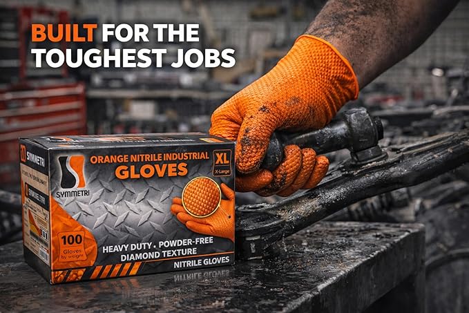 AroCare 8 Mil Orange Nitrile Gloves,3D Raised Diamond Texture-Latex & Powder Free-Industrial, Mechanic