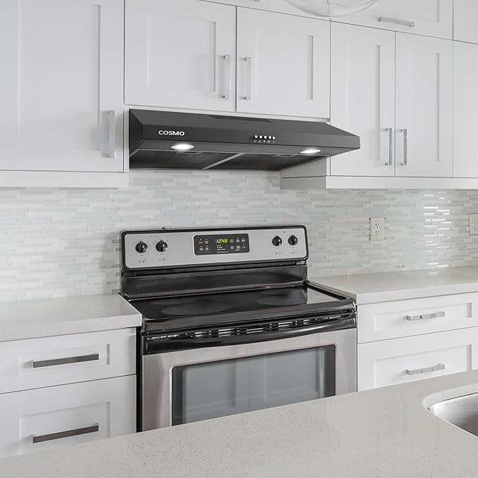 COSMO COS-5U30-BK 30 in. Delta Collection Ducted Under Cabinet Range Hood, Button Controls, Reusable Filters, LED Lights in Matte Black