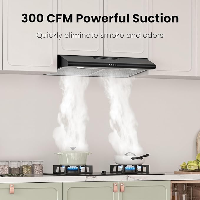 FIREGAS 30 Inch Black Under Cabinet Range Hood, Ducted/Ductless Convertible Kitchen Vent Hood with LED Light, 3-Speed Exhaust Fan, Push Button Control, Slim Stove Hood for Modern Kitchen