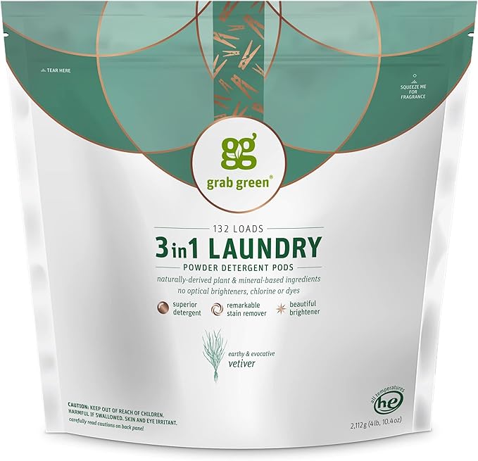 Grab Green 3-in-1 Laundry Detergent Pods, 132 Count, Vetiver | Plant & Mineral-Based; Enzyme-Powered; Velcro Closure; Laundry Brightener; Stain Remover