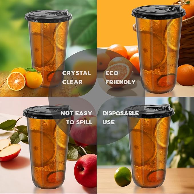 18oz Disposable Stemless Glasses With Strawless Sip Lids,PET Disposable Drinking Cups,Clear Plastic Wine Glasses for Parties Birthday,Wedding,Meeting,Christmas Party Supplies. (50, Black)