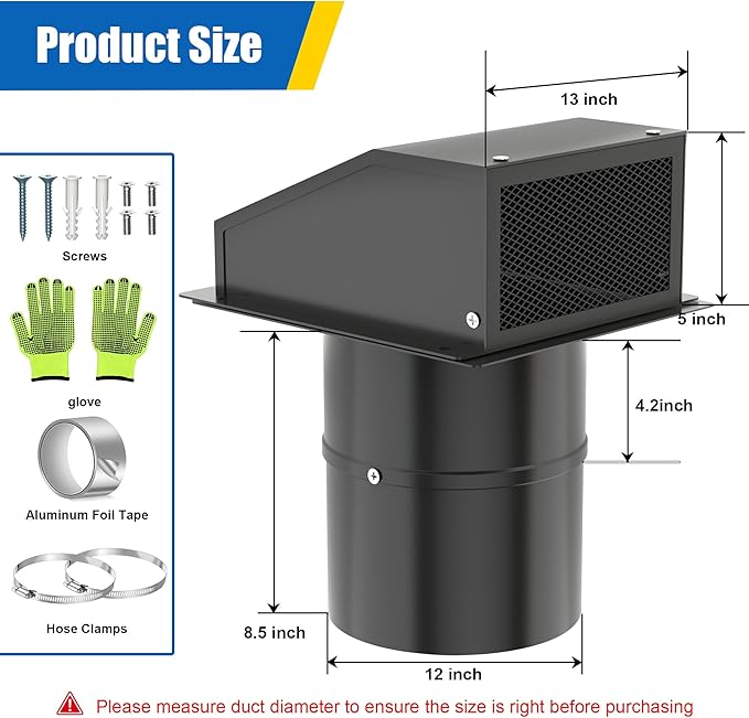 12 Inch Heavy Duty Dryer Vent Cover, Hooded Wall Vent with Damper & Screen, Black Galvanized Steel Exhaust Vent Cover Cap for Large Dryer, Kitchen, Range Hood, AC, HVAC Exhaust - Easy Install