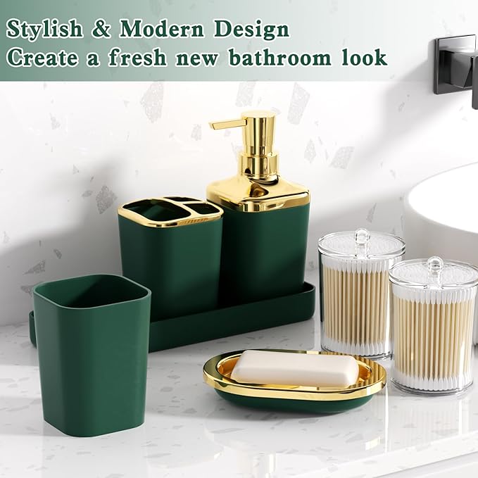 XLHOMO Bathroom Accessories Set, Green Bathroom Set, Dark Green Bathroom Accessory Set with Trash Can, Soap Dispenser, Soap Dish, Toothbrush Holder and Q-tip Holders