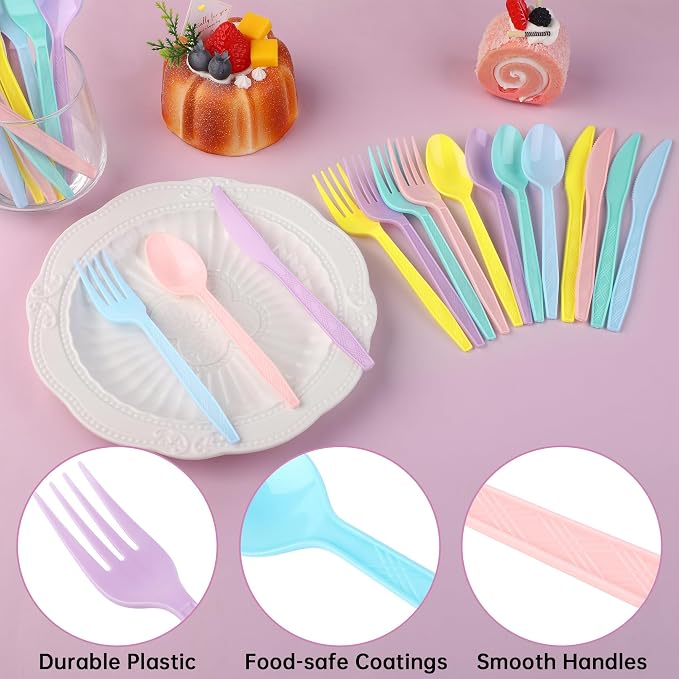 Kochorie 90 Pieces Pastel Plastic Cutlery Set Macaron Colors Disposable Plastic Utensils Colorful Heavy Duty Flatware Set Includes 30 Knives 30 Forks 30 Spoons for Easter, Birthday, Tea Party, Wedding