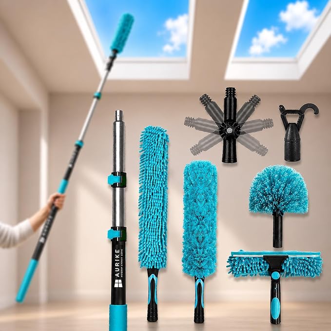High Ceiling Duster Kit with 5-24FT Heavy Duty Extension Pole, Reaches Up to 30FT, Includes Microfiber Feather Duster, Cobweb and Ceiling Fan Duster, Window Squeegee Cleaner & Skylight Hook (24FT)