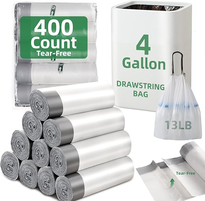 400 Counts 4 Gallon Trash Bag Drawstring Small Trash Bags, Thick Pre-separated Garbage Bags, Trash Bin Liners, Suitable for bathroom, kitchen, bedroom, office (White)