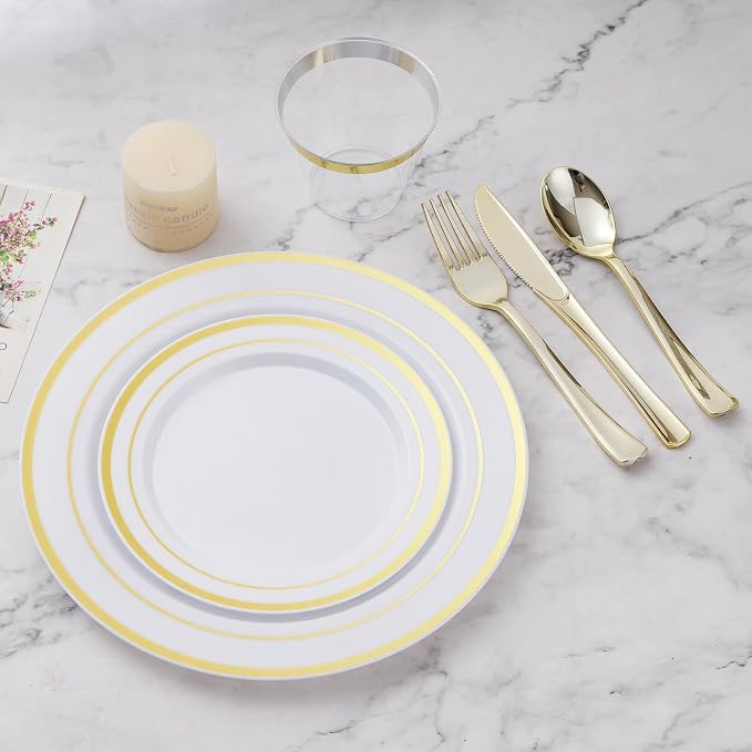 BESTVIP 300PCS Plastic Dinnerware Set (50 Guests), Gold Disposable Plates for Party, Wedding, Christmas, Anniversary, Includes: Dinner Plates, Dessert Plates, Cups, Spoons, Forks and Knives