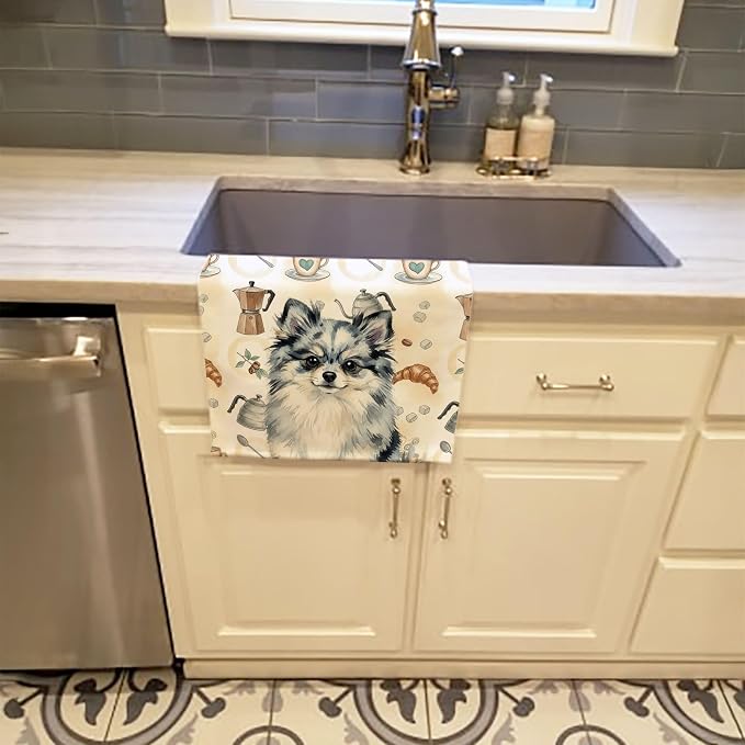 Caroline's Treasures Blue Merle Pomeranian Coffee Bar Kitchen Towel Velour Plush Front and Cotton Loop Back Machine Washable