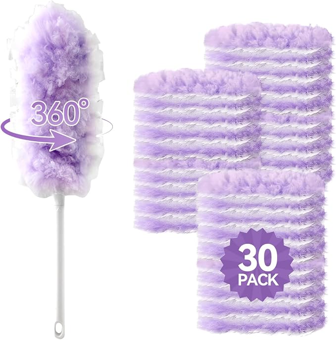 30 Count Duster Refills with 1 Handle, Heavy Duty Microfiber Feather Duster, Disposable Multi Surface Duster Kit, Household Cleaning Tool for Pet Hair, Home, Office, Blind, Furniture