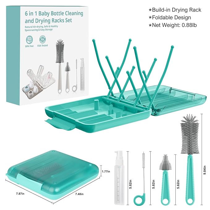 YomauiYee 6 in 1 Bottle Brush Set,Bottle Cleaner Brush Kit with Bottle Brush,Drying Rack,Nipple Brush,Straw Brush,Soap Dispenser&Storage Box,Portable Baby Essentials for Home&Travel