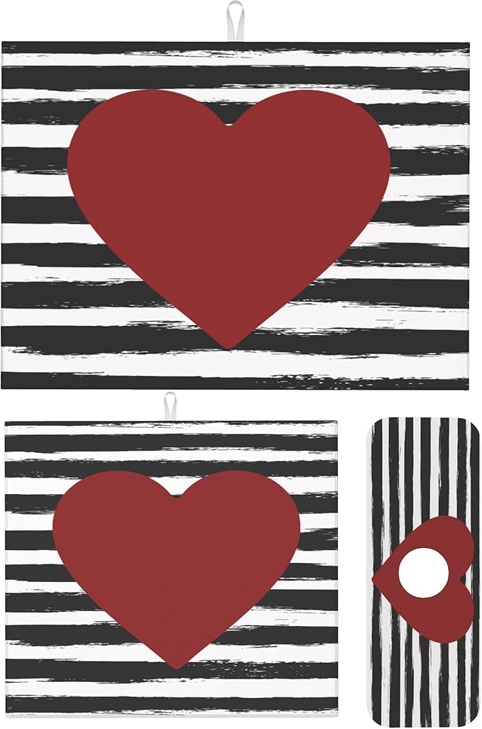 Set of 3 Red Heart Dish Drying Mat & Kitchen Sink Splash Guard Faucet Mat For Kitchen Counter Valentine's Day Absorbent Microfiber Dishes Pad Dish Drainer Rack Mats Fast Dry Kitchen Accessories