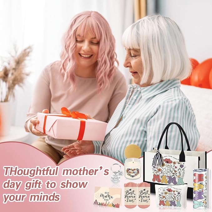 Patelai 7 Pcs Mothers Day Gifts, Mom Birthday Gifts Mothers Day Gift from Daughter Son Child Ideas Basket Gift for Women with 20 oz Cup Tote Bag Makeup Bag for Mother
