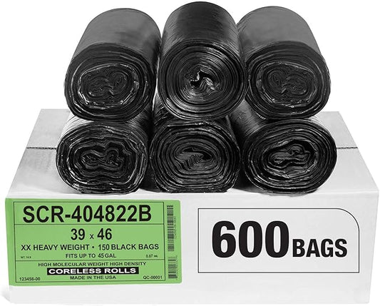 Aluf Plastics 45 Gallon 22 Micron (eq) Black Trash Bags - 39" x 46" For Home, Office, & Bathroom (Pack of 600)