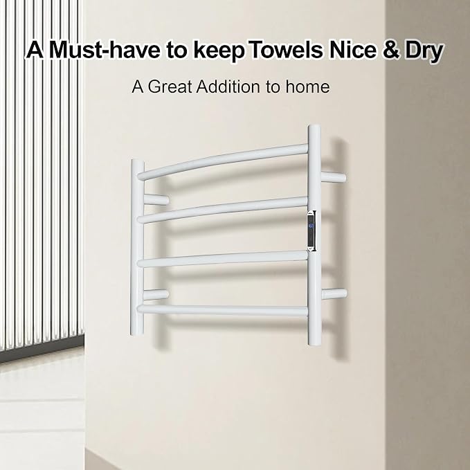 Towel Warmer with Built-in Timer Bathroom Wall Mounted Bath Towel Heater Plug-in Electric Heated Towel Rack Stainless Steel Curved Round Oil Rubbed Drying Rack 16.54x23.62x5.51 inches White
