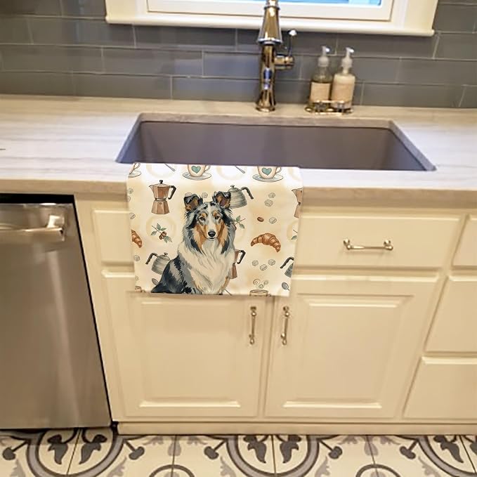 Caroline's Treasures Blue Merle Collie Coffee Bar Kitchen Towel Velour Plush Front and Cotton Loop Back Machine Washable