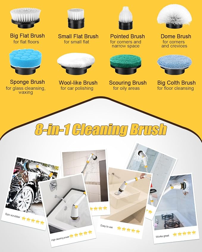 Qimedo Q2 Pro Electric Spin Scrubber, 1500 RPM High Power Cordless Shower Cleaner with Display & Effortless Handle, 16 Replacement Brush Heads Compatible with Qimedo, Leebein, Keimi, Alloyman, YKYI