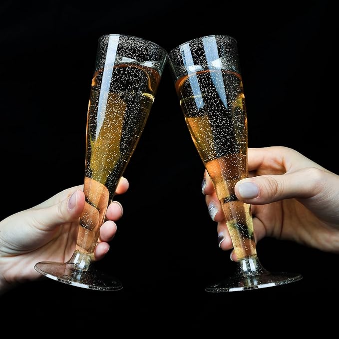 Bestluck 100 Pack Champagne Flutes Plastic, 4.5 oz Gold Glitter Plastic Disposable Stemware, Disposable Champagne Flutes for Party, Mimosa Bar, Wedding, Anniversary and Graduation