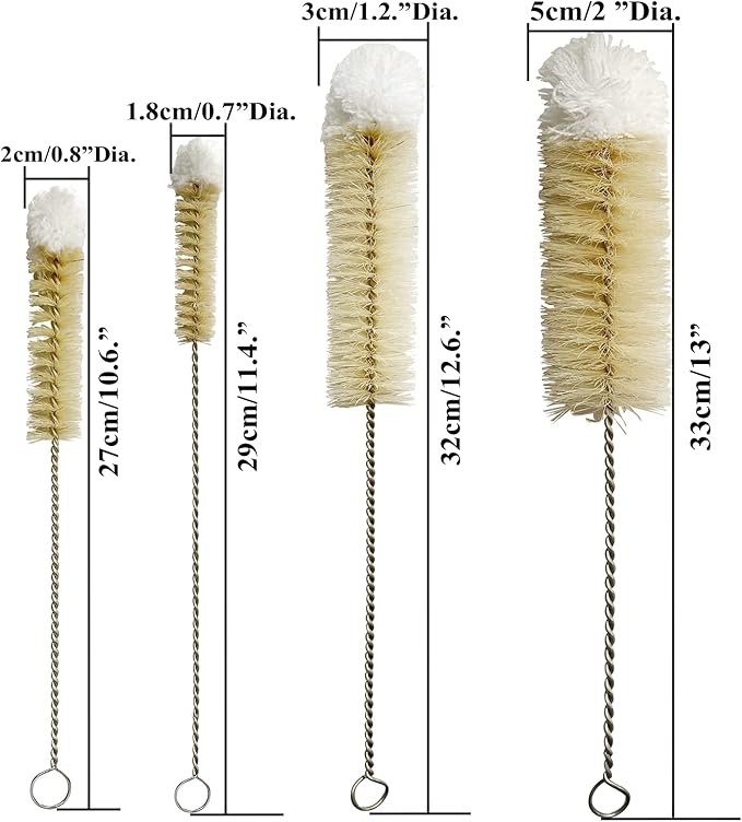 NewFerU Stainless Steel Soda Bottle Cleaning Brush Set in Natural Boar Bristle Wool Tip Long Handle, Flexible Bendable Thick Wire Cleaner for Narrow Neck Water Baby Bottles Straw Pipe Tube Flask (4)