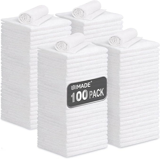 UNIMADE Shop Towels, 100 Pack Commercial Grade Work Rags Microfiber Towels for Cars Cleaning Rags Bulk Detailing Cloth for Automotive Bar Mechanic Restaurant Garage Housekeeping, 11.5"x 11.5", White