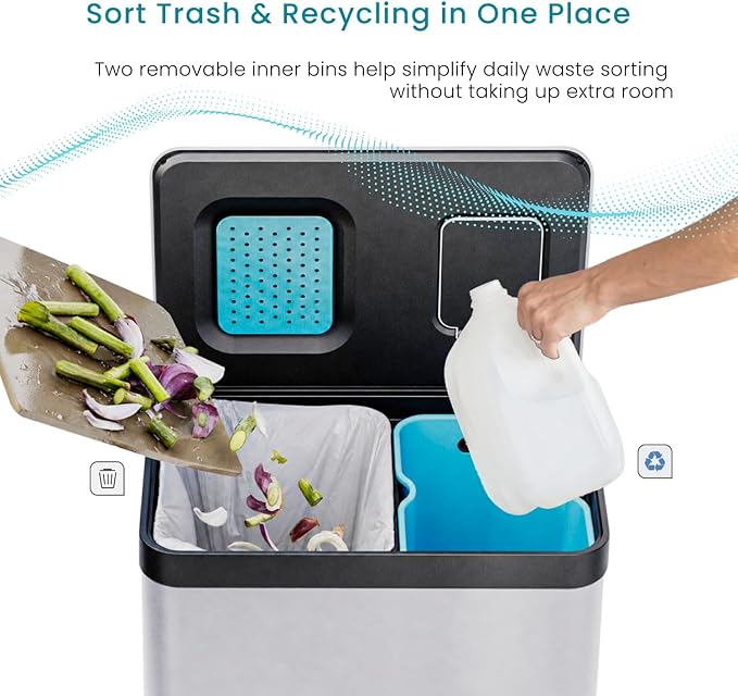 Home Zone Living 19 Gallon Kitchen Trash Can with Dual Compartments | Stainless Steel with CleanAura Odor Control, Soft-Close Step Pedal Lid and Recycling Flap for Quick Disposal, Silver