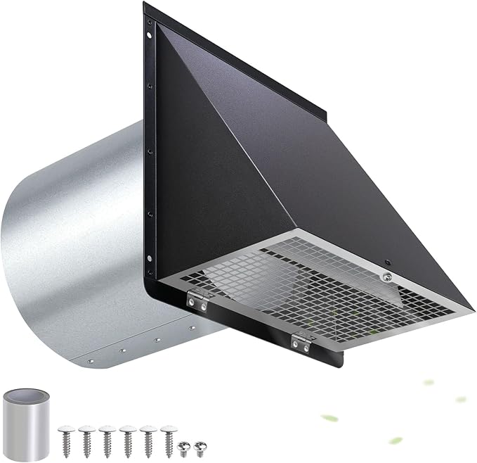 6 Inch Hooded Wall Vent with Screen and Damper,6 Inch Wall Exhaust Vent Cover Dryer Ventilation Cap Exterior for Kitchen Range Hood Air Exhaust,External Extractor w/Non Return Flap,Galvanized Steel
