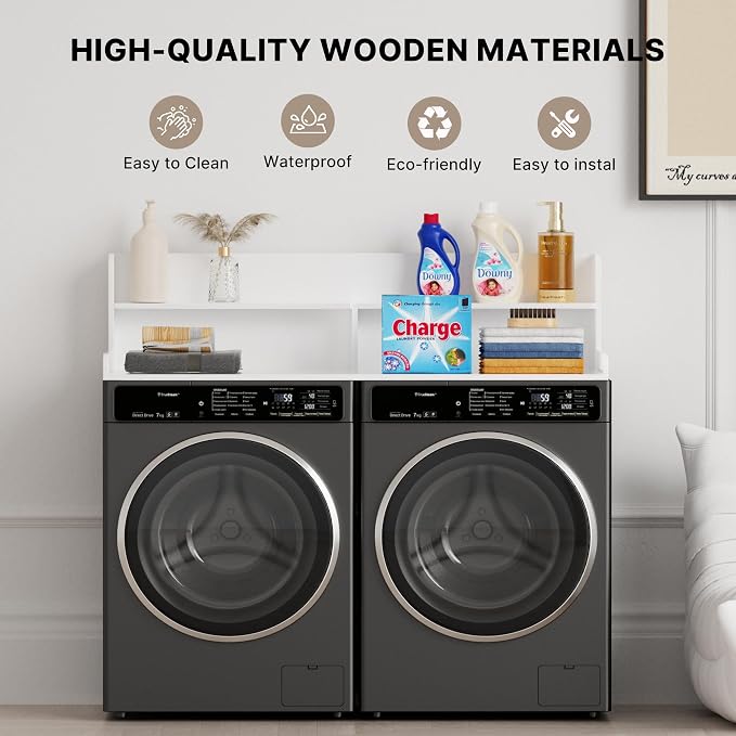 Washer Dryer Countertop with Non-Slip Pads, 2.75" H Guard, 54" W x 27.5" D Wood Laundry Countertop Cover, Large Space Washer Dryer Topper for Laundry Room Organization(White)