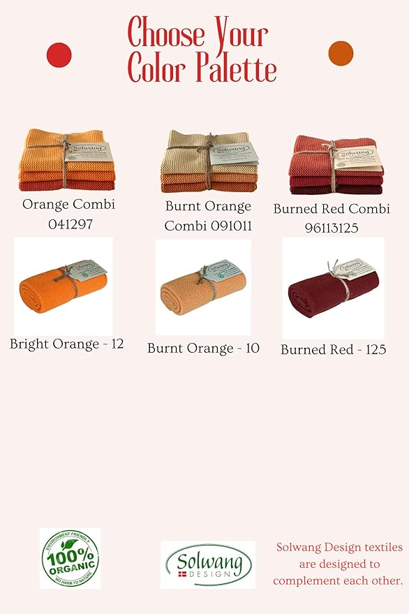 Solwang 3-Piece Danish Cotton Dishcloths in 100% Certified Organic Cotton Made in India (Burned Red Organic Combi)