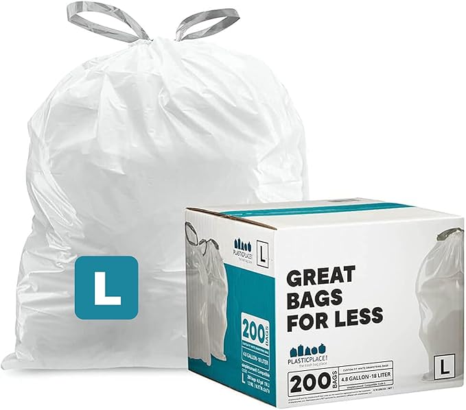 Plasticplace Custom Fit Trash Bags, Compatible with Simplehuman Code L (200 Count) White Drawstring Garbage Liners 4.8 Gallon / 18 Liters, 16.75" x 24.5"