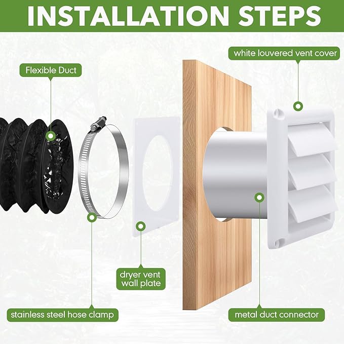 Glooglitter Dryer Vent Kit 4 Inch Dryer Ducting Tube Vent Hose Connector Wall Ducting Kit for Air Circulation (Black)