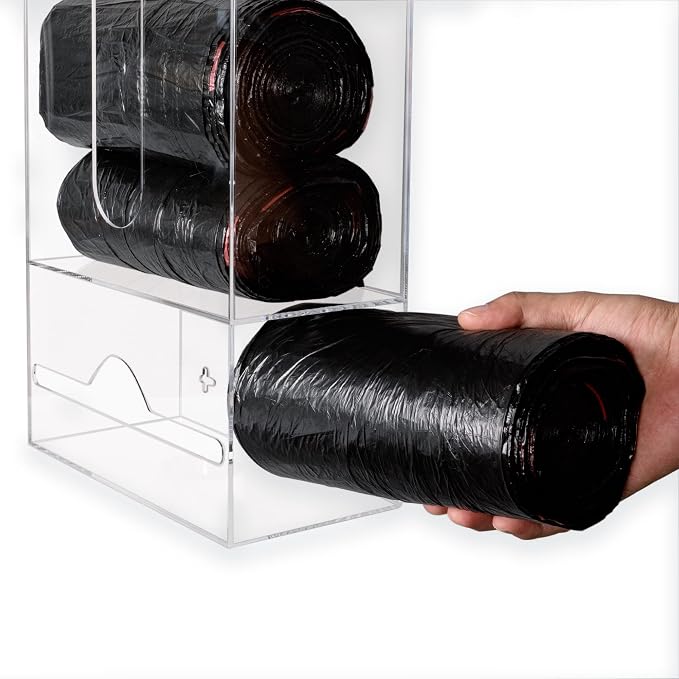 Trash Bag Dispenser Roll Holder for Plastic Bag, 2 in 1 Acrylic Garbage Bag Dispenser Organizer Holder for Cabinet, Wall Mount Kitchen Trash Can Liner Holder for Grocery Bag, Clear