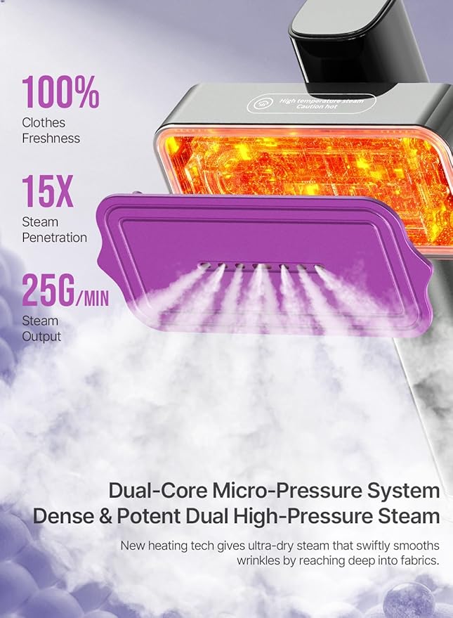Steamer for Clothes, 1200W Clothes Steamer Handheld, 2 in 1 Travel Steamer Iron with LED Display, 15s Fast Heat Up, 4 Modes, 25g/min Steam, Portable Garment Steamer, 120V, Black Purple