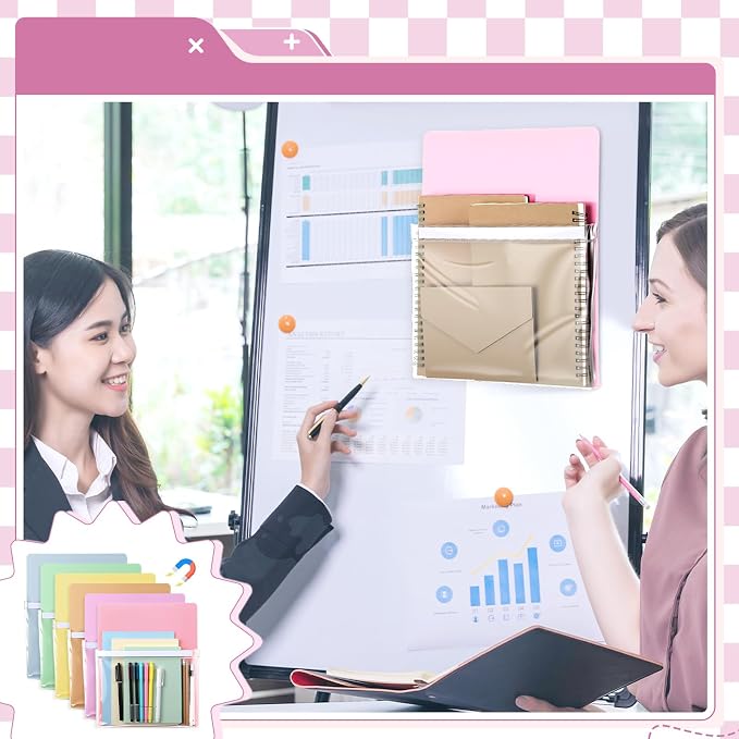 6 Pcs Magnetic File Holder Paper Holder Magnetic Pen Dry Erase Marker Organizer Magnet Pocket Pouch for Whiteboard Refrigerator, 12 x 9.5 in(Pastel)