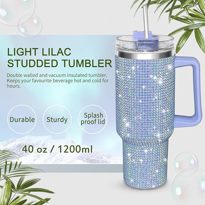 HWISDMIG 40oz Tumbler with Handle-Glitter Rhinestones Tumbler Bling Cups Stainless Steel Water Bottle Diamond Studded Tumbler for Women-Birthday Gifts for Women, Mom, Girlfriend (Light Lilac)