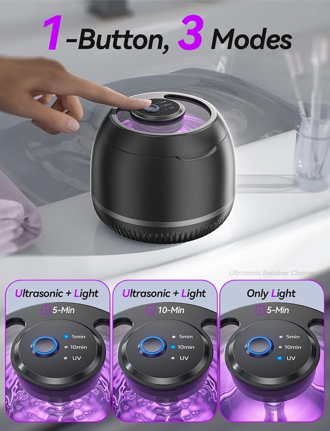 Beser Ultrasonic Retainer Cleaner, 2X Clean, Dental Retainer Cleaner Machine Pod for Aligner, Nightguard, Mouth Guard, Denture Cleaner, Oral Dental Care, IPX6, 200ML (Black)
