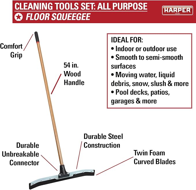 Harper 37518700 All-Purpose Scrubbing & Squeegee Brush Set with 10 in. Wash Brush with Flow-Through Handle, 24 in. Floor Squeegee, 10 in. Deck Brush and 8 in. Handheld Scrub Brush